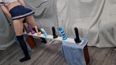 Skinny Girl Riding all her Dildos from Small to Big till Big Orgasm